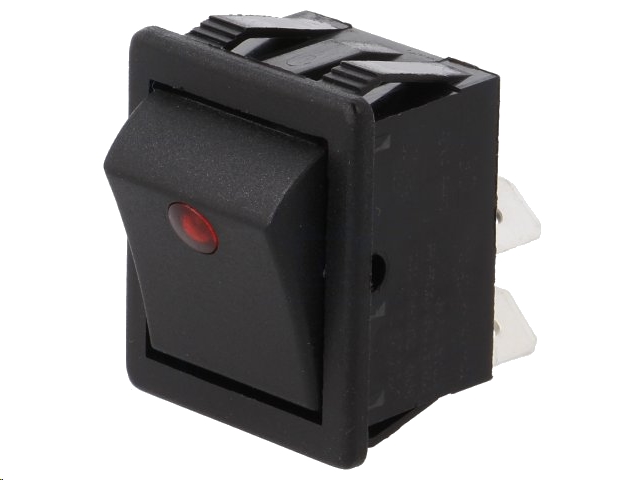 Vippekontakt - 250V/16A, OFF-ON, Sort m. rød lys prik (DPST)
