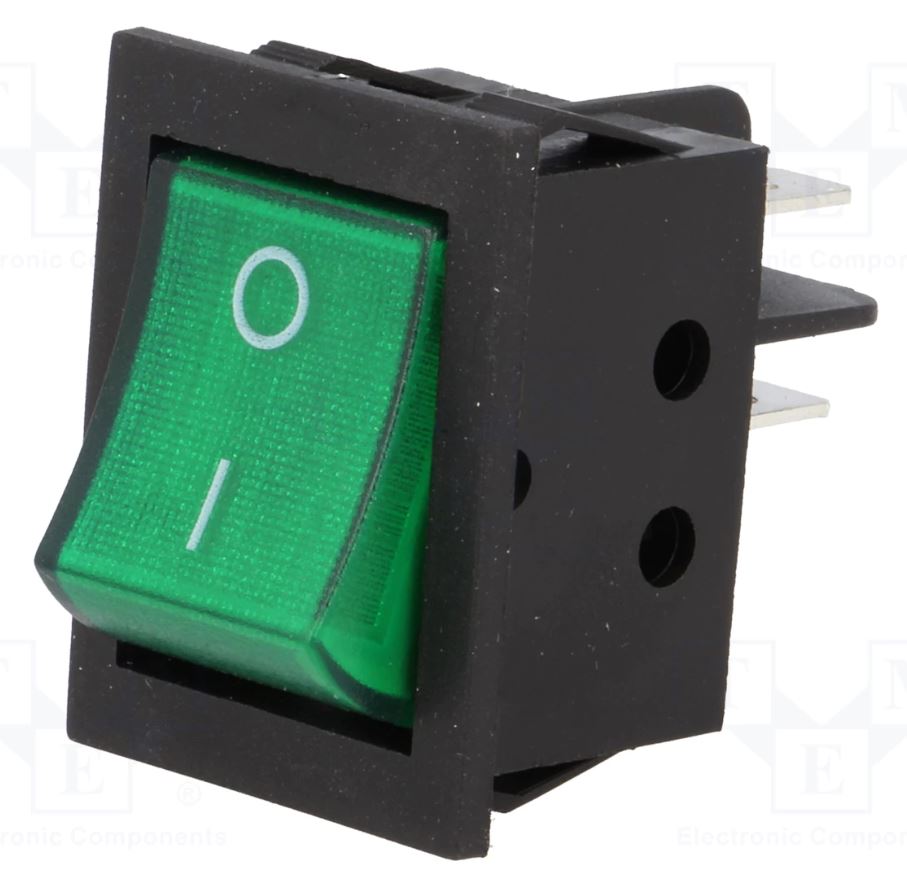 Vippekontakt - 2P OFF-ON, 15A 250V, Grøn lys 0-I (31x22,3mm)