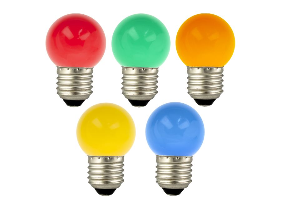 G45 LED kronepære sæt - 240V / 1W E27, ass. farver (5 stk.)