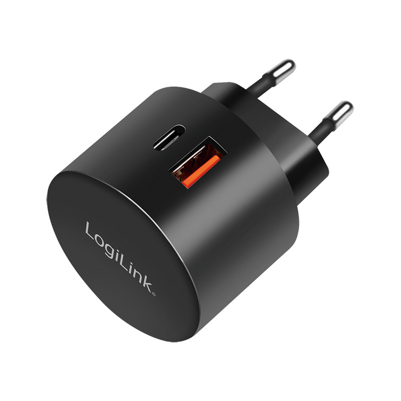 USB netadapter - 1xUSB-A QC (3A), 1xUSB-C PD (20W), Sort