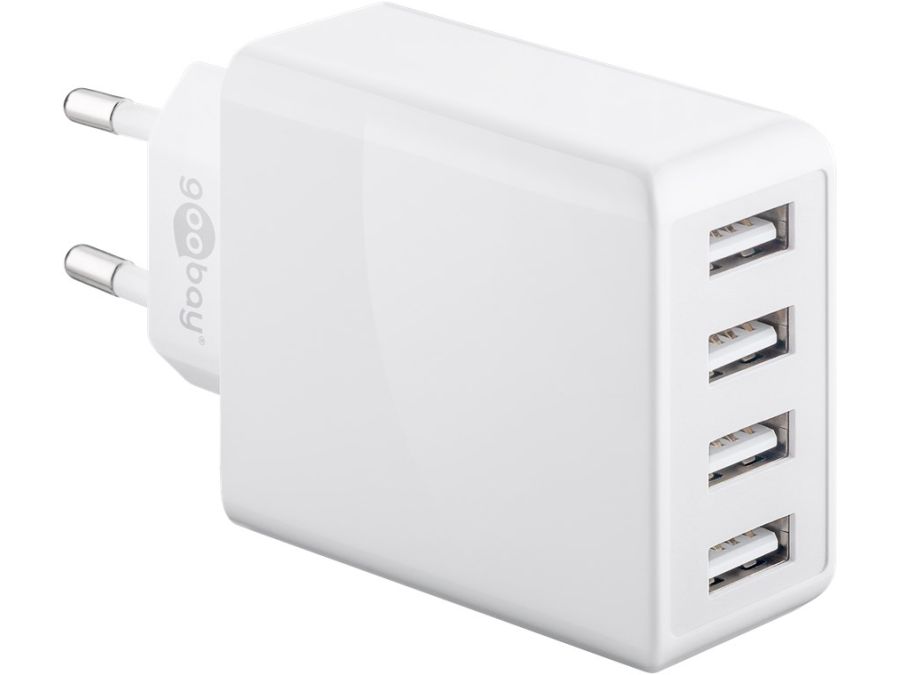 Netadapter - 100-240V til 4 x 5V USB-A, 2x3A (30W), Hvid