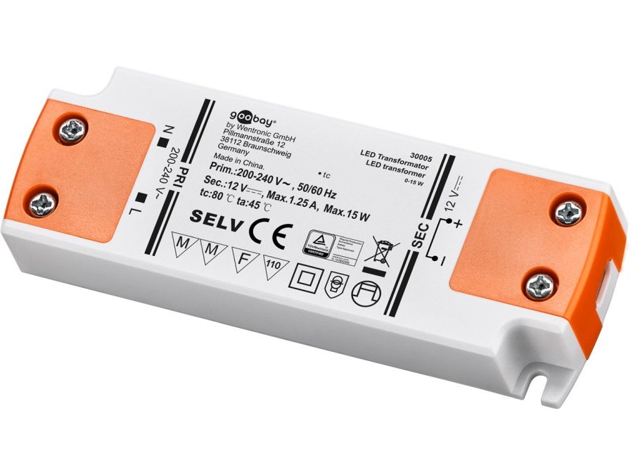 LED strømforsyning - 12Vdc / 15W - IP20, "slimline"