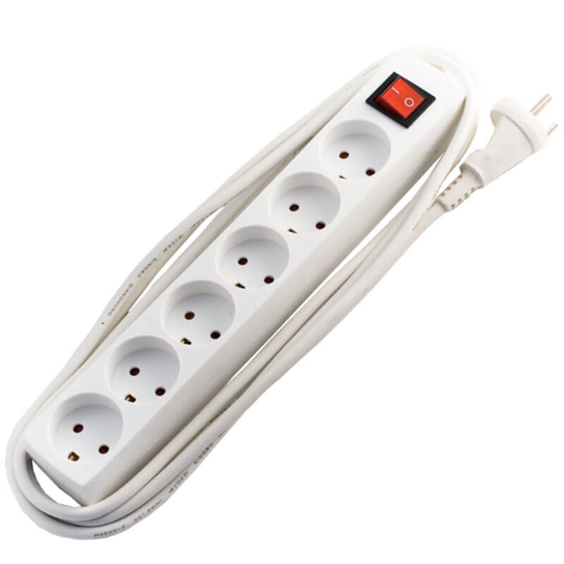 Stikdåse børnesikret 6-vejs 3m m/afb m/jord hvid