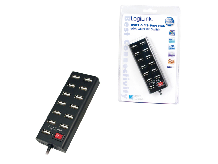 USB 2.0 HUB - 13 port m. on/off, inkl. Strømforsyning (3,5A)