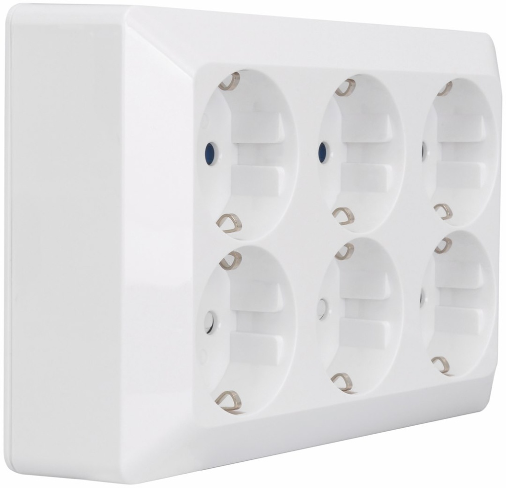 Stikkontakt schuko med 6 udtag i hvid