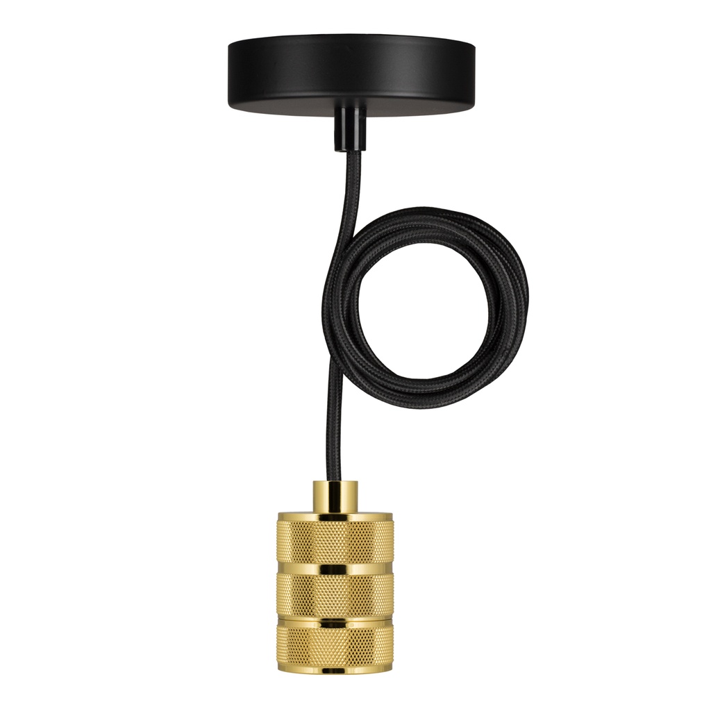 Pendel m. E27 sokkel - RIGA Guld, Sort stofledn. (1,5m)