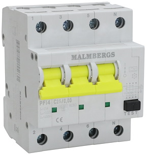 Kombirelæ 25A 30mA 10kA 4-pol