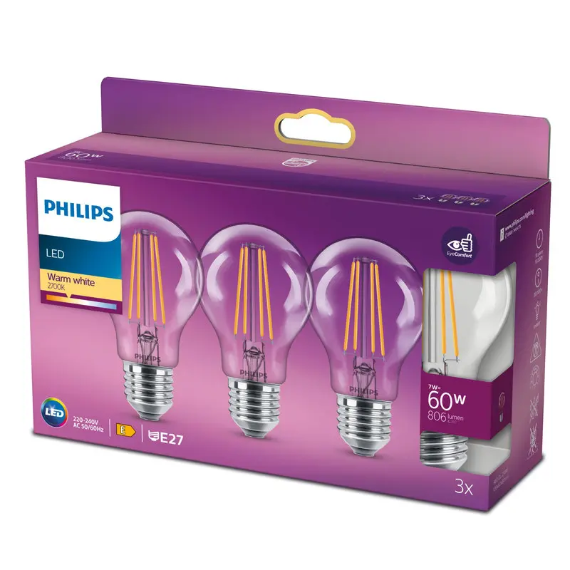 Philips LED 7W (60W) E27 2700K 806lm 3-pak