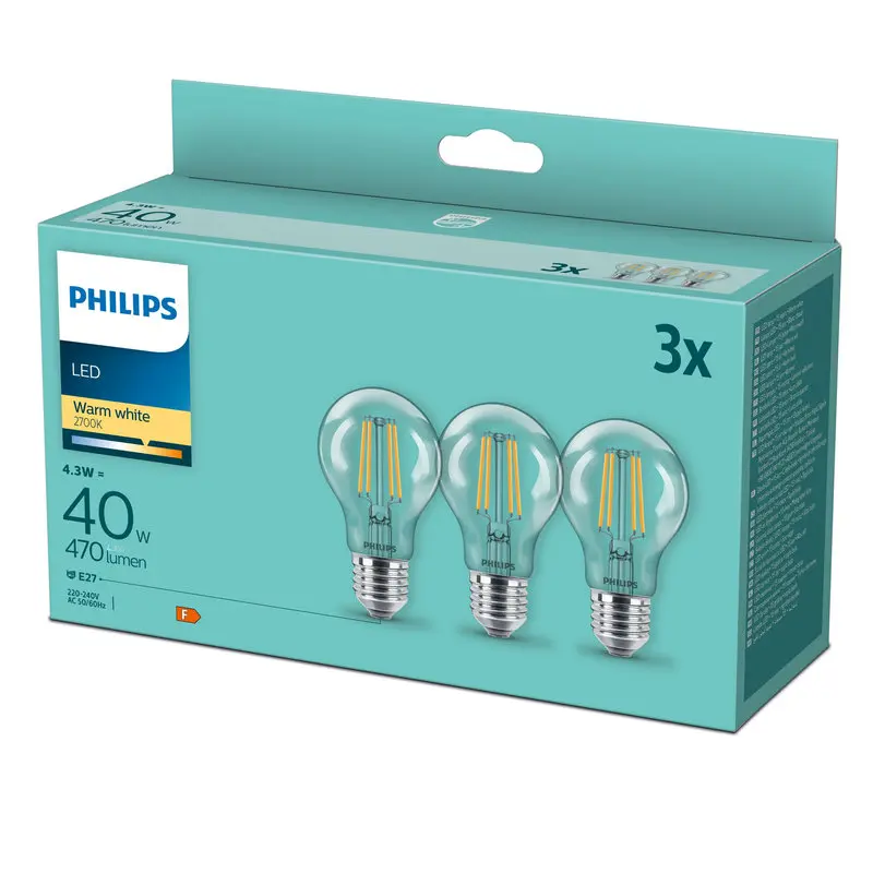 Philips LED 4,3W (40W) E27 2700K 470lm 3-pak