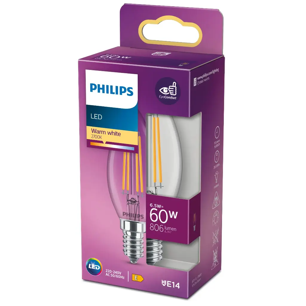 Philips LED E14 6,5W, Erstatter 60W - 2700 Kelvin