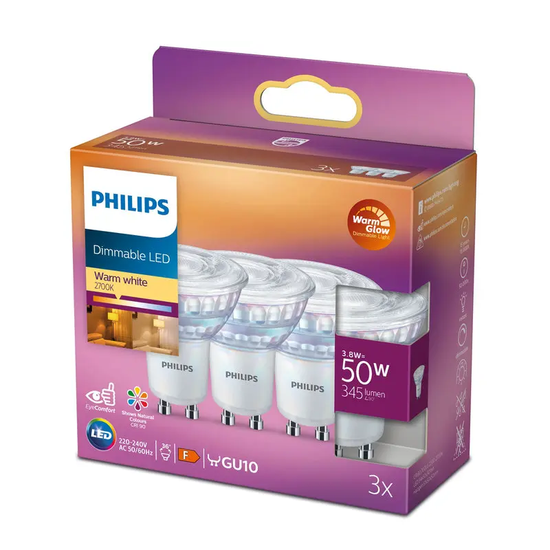 Philips LED DIM 3,8W (50W) GU10 2200-2700K 345lm 3-pak