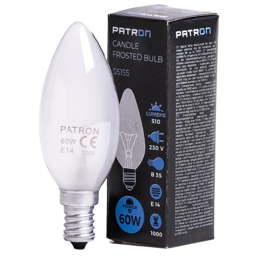 [05155] PATRON Glødepære E14 60W Kerte Mat