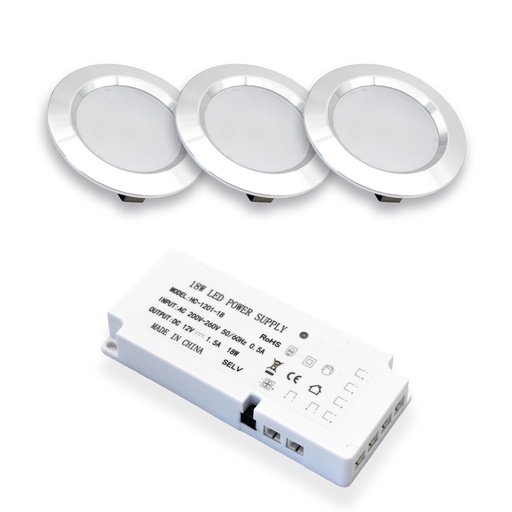 [20086-15291] LEDlife Reco68 møbelspot - Børstet stål, inkl. strømforsyning - Pakke med 3 stk.
