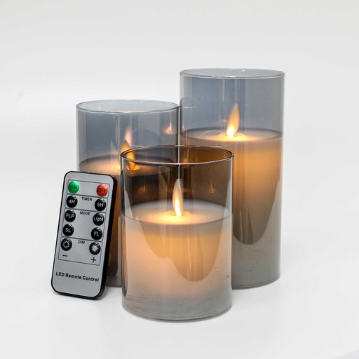 [22655-0] LED Bloklys i røgfarvet glas Ø7,5cm, 3 stk, flammeeffekt - m. fjernbetjening & timer, højde 10/12,5/15cm, ægte stearin