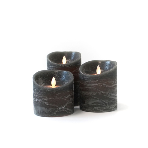 [22669-0] LED Bloklys med bevægelig flamme og fjernbetjening, sort meleret, sæt med 3 stk, højde 10/12,5/15 cm, Ø10 cm, ægte stearin