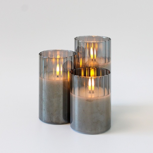 [22679-0] LED bloklys sæt i røgfarvet glas med flammeeffekt, 3 stk, inkl. fjernbetjening og timer, 10/12,5/15cm høje, ægte stearin