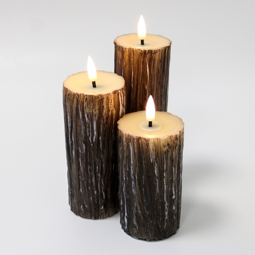 [22681-0] LED Træ-look bloklys sæt med smeltet look og flammeeffekt - Ø5,5cm, 10/12,5/15cm høj - Inkl. fjernbetjening