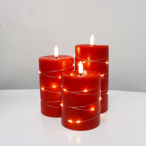 [22700-0] LED Bloklys sæt med flammeeffekt og lyskæde, Rød, Ø7,5cm, 10/12,5/15cm, fjernbetjening, timer, ægte stearin
