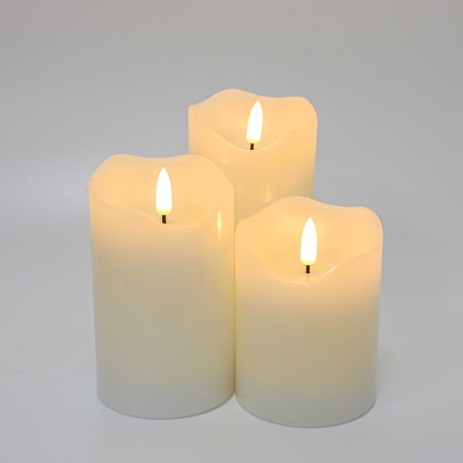 [22708-0] LED Bloklys med flammeeffekt, hvid, 10/12,5/15cm, fjernbetjening, timer, ægte stearin