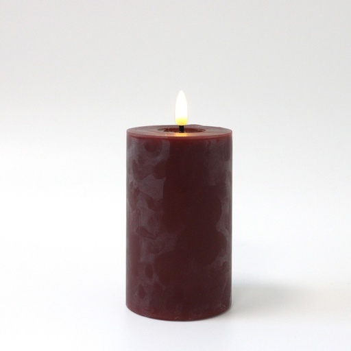 [22721-0] LED Bloklys med smelte-look og flammeeffekt, bordeauxrød, 12,5cm høj, Ø7,5cm, fjernbetjening, virker med ægte stearin