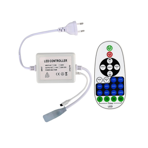 [12503-0] RF trådløs timer+dæmper med fjernbetjening - Inkl. endeprop til 230V Neon COB, memory funktion, maks. 50 m.