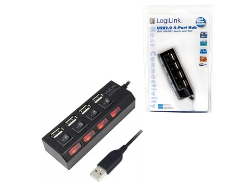 [H49483] USB 2.0 HUB - 4 porte m. on/off, inkl. 2A strømforsyning