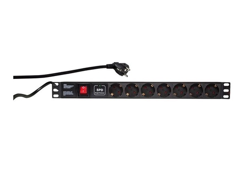 [H35622] 19" El-rackpanel - 7 x CEE7/3 hun, ON/OFF kontakt, Sort (2m)