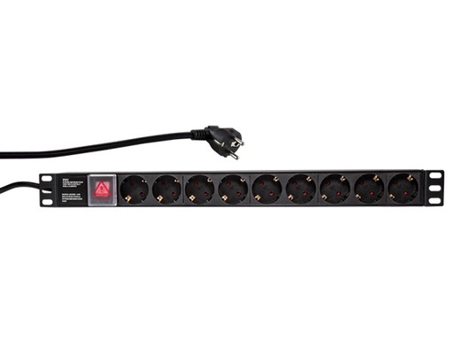 [H40978] 19" El-rackpanel - 9 x CEE7/3 hun, ON/OFF kontakt, Sort (2m)