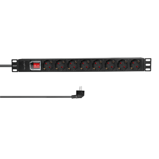 [H49380] 19" El-rackpanel - 8 x CEE7/3 hun, ON/OFF kontakt, Sort (2m)