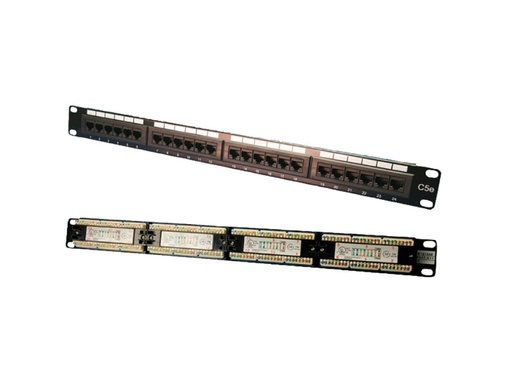 [H49364] 19" Patch panel - 1U, 24 x RJ45 CAT5e uskærmet (LSA), Sort