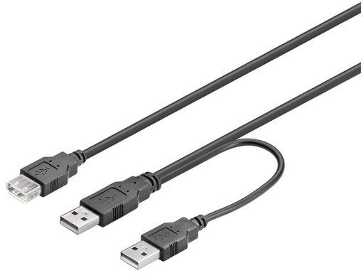[H45871] USB 2.0 dual-power kabel - 2 x A han til A hun, Sort (30cm)