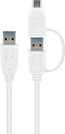 [H42159] USB 3.0 kabel - 2 x A han + USB-C adapter, Hvid (3m)
