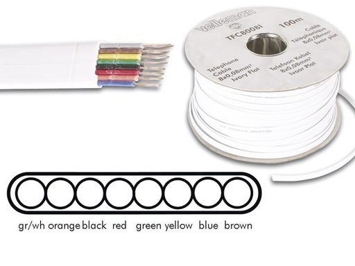 [H11679] Telefonledning - 8x0,08mm² FK8 CU trådet, Hvid (metervare)
