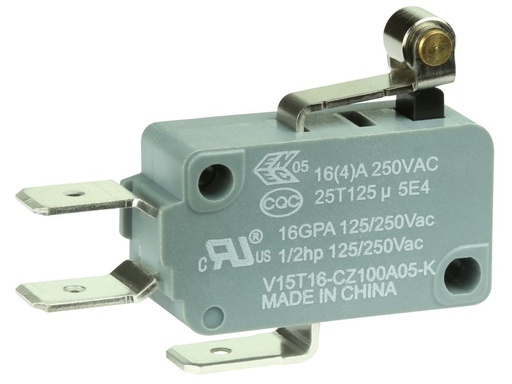 [H40938] Mikroswitch m. kort rullebolt arm - 16A/250V, ON-(ON), spade