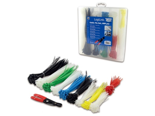 [H49293] Kabelstrips sortiment m. tang - Flere farver (600 stk.)