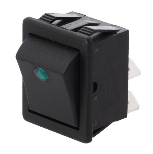 [H61750] Vippekontakt - 250V/16A, OFF-ON, Sort m grøn lys prik (DPST)