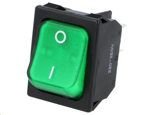 [H12686] Vippekontakt - 2P OFF-ON, 10A 250V, Grøn lys (30,4x22,2mm)