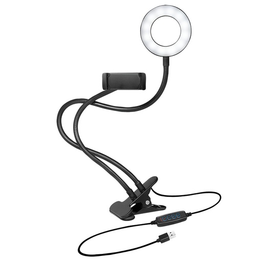 [H61582] Smartphone holder med LED ringlys - Ø8,5cm, 24 LEDs, 5V / 2A