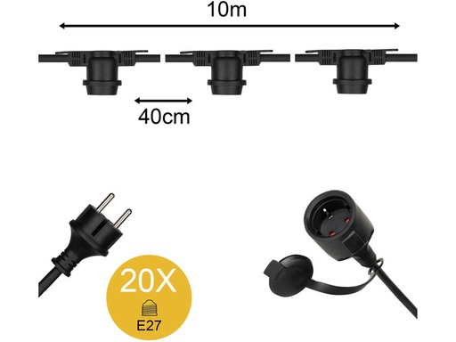 [H60744] Prof. udendørs lyskæde u. pærer - 20 x E27 sokler (10m)