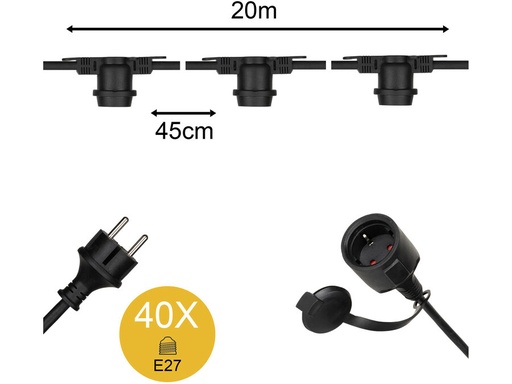 [H60745] Prof. udendørs lyskæde u. pærer - 40 x E27 sokler (20m)