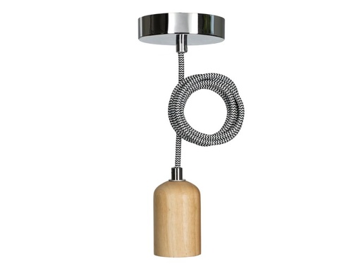[H59318] Pendel m. E27 sokkel - TRÆ, sort/hvid stofledn. (1,5m)