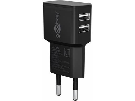 [H61812] Netadapter - 100-240V til 2 x 5V USB A hun (2,4A) Sort