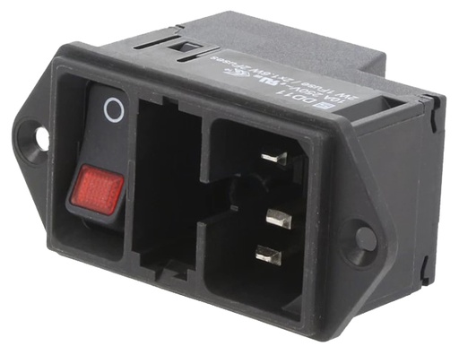 [H63360] Apparatfatning - C14, kontakt, 2 sikr., 10A, Sort, Rød