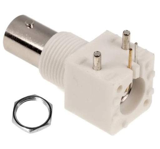 [H59969] BNC fatning til printmont. - 50ohm, 90° vinklet, Hvid plast