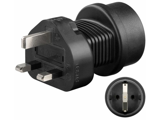 [H28683] Rejseadapter - CEE7/3 (EU) hun til UK han, Sort