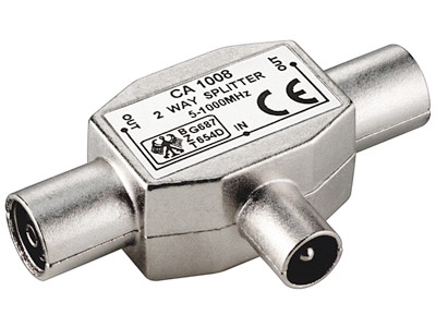 [H21458] Radio/TV splitter - COAX han til 2 x COAX hun, metal