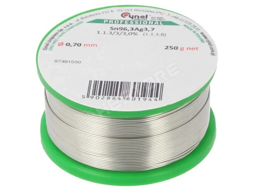 [H64437] Blyfri sølvloddetin - 96,3% Sn - 3,7% Ag, Ø0,7mm (250g)
