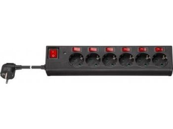 [H50662] Stikdåse - 6 x CEE7/3, m. 7 afbrydere, Sort (1,5m)