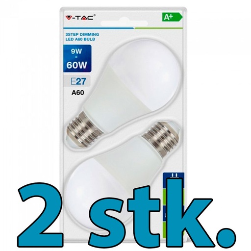 [21297288] 9W (60W) LED pærer E27 3-trin dæmpbare 2700K - 2 stk.