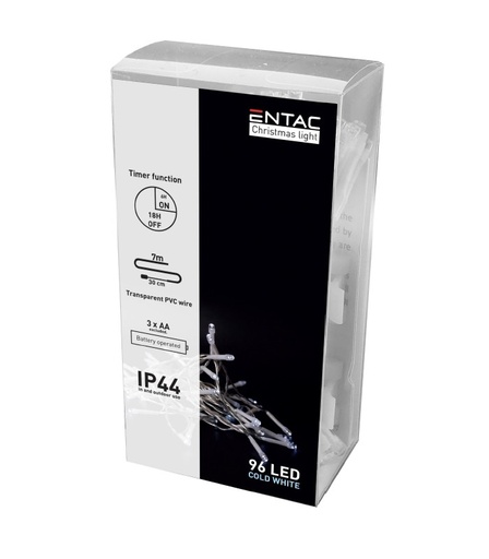 [3554] 7 meter udendørs LED julelyskæde - Batteri, timer, 96 LED, kold hvid